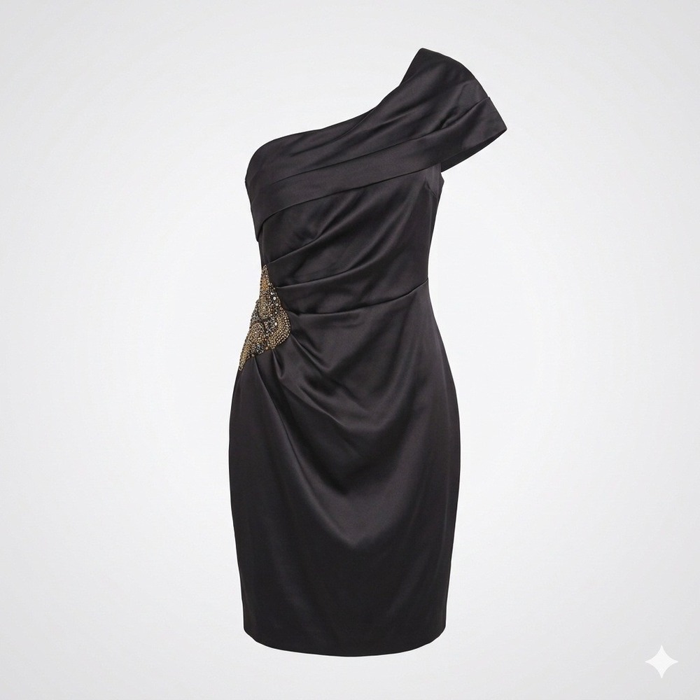 Eliza J Black Satin One Shoulder Beaded Detail Ruched Sheath Dress 14 Formal